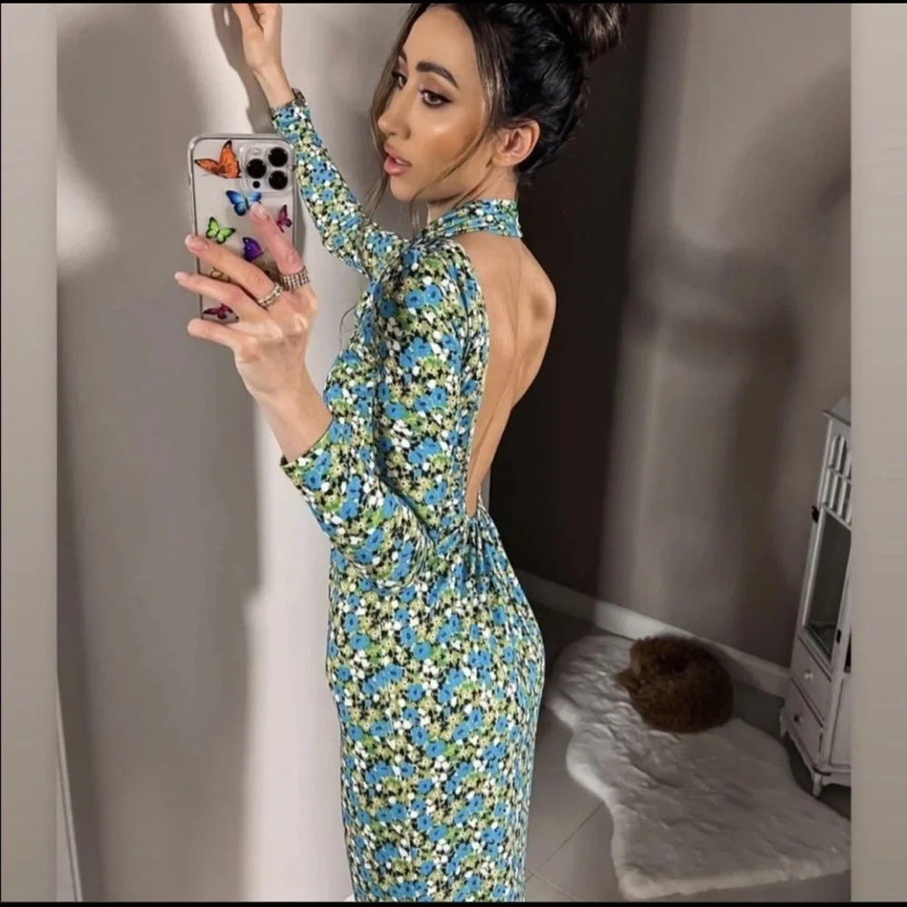 Zara‎ green blue floral long-sleeve midi dress high neck Kentucky Derby Medium